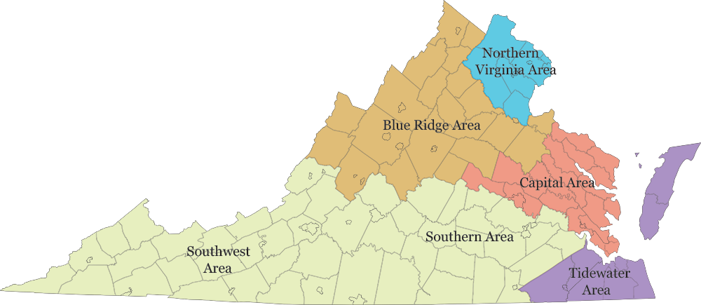 Virginia map of various service locations