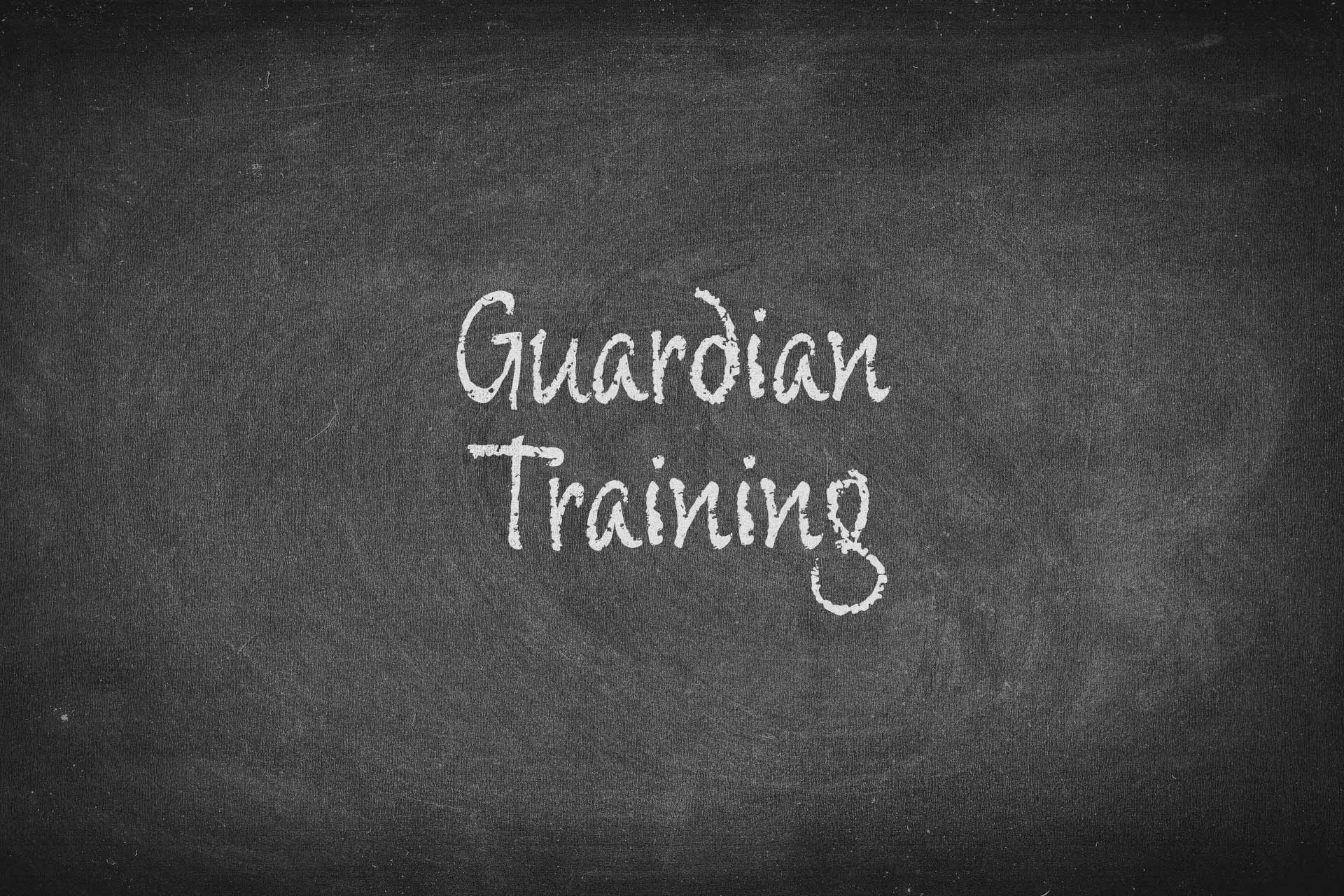 Photo - A lady teacher standing over the right side of a chalkboard with the words 'Madatory Guardian Training' written across the remainder of the chalkboard.