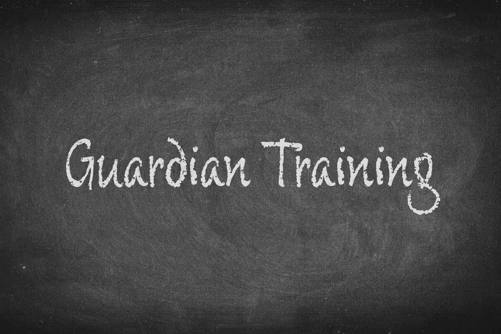 Photo - A lady teacher standing over the right side of a chalkboard with the words 'Madatory Guardian Training' written across the remainder of the chalkboard.