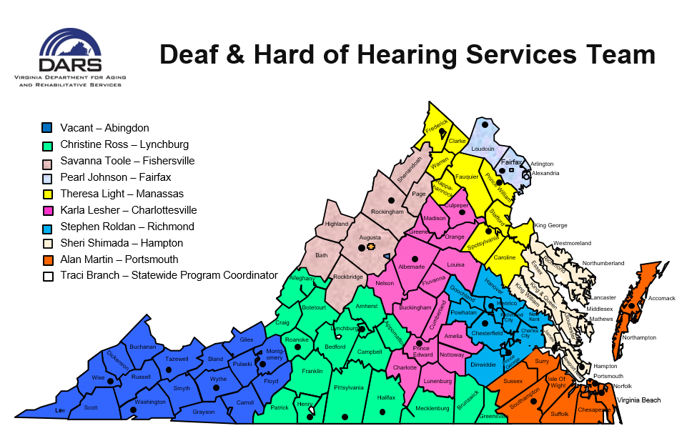 Death and Hard of Hearing Services Team regional locations shown on the map of Virginia.